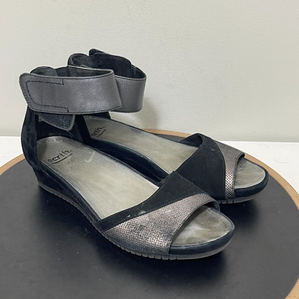 Earth Ficus Sagittarius Ankle Strap Back Sandal‎ Pewter Suede Women 10 M - Picture 2 of 11